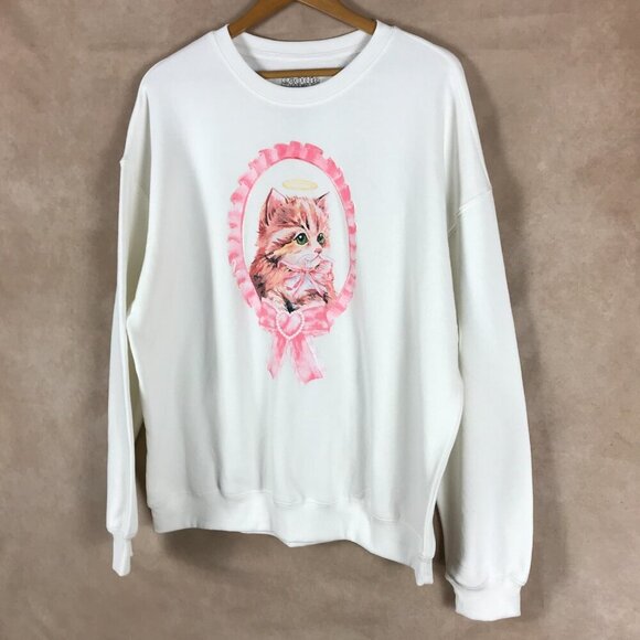 Goodie Two Sleeves Women's Angel Kitten White Crewneck Sweatshirt NEW XL - Picture 2 of 6